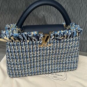 Louis Vuitton Navy Cream and Blue Tweed Capucines with Gold Hardware